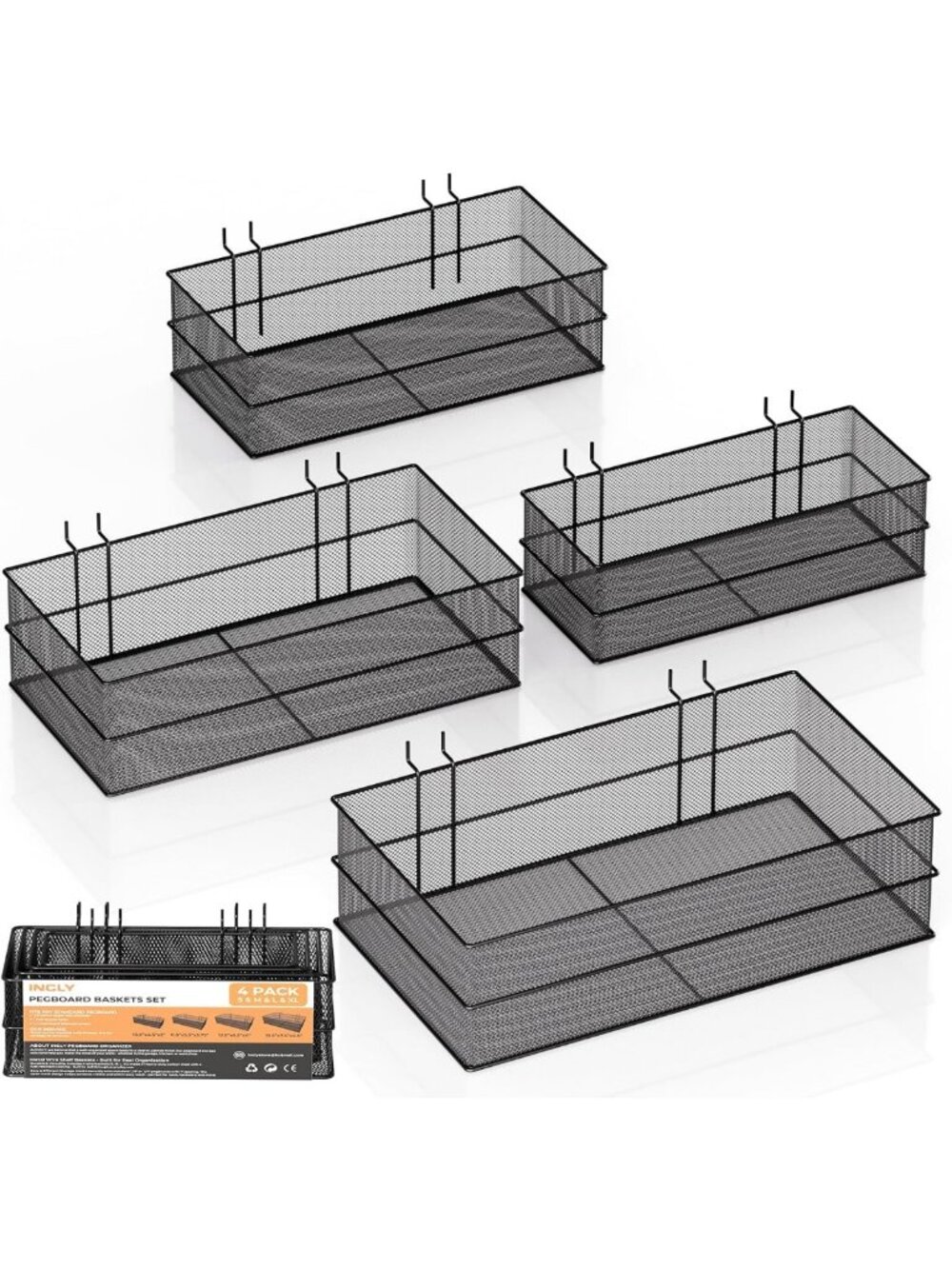 4 Pack Metal Mesh Pegboard Baskets - Versatile Storage Solutions in 4 Sizes